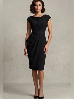 J. Mendel Black Cap-Sleeve Midi Sheath Dress with Belt Detail